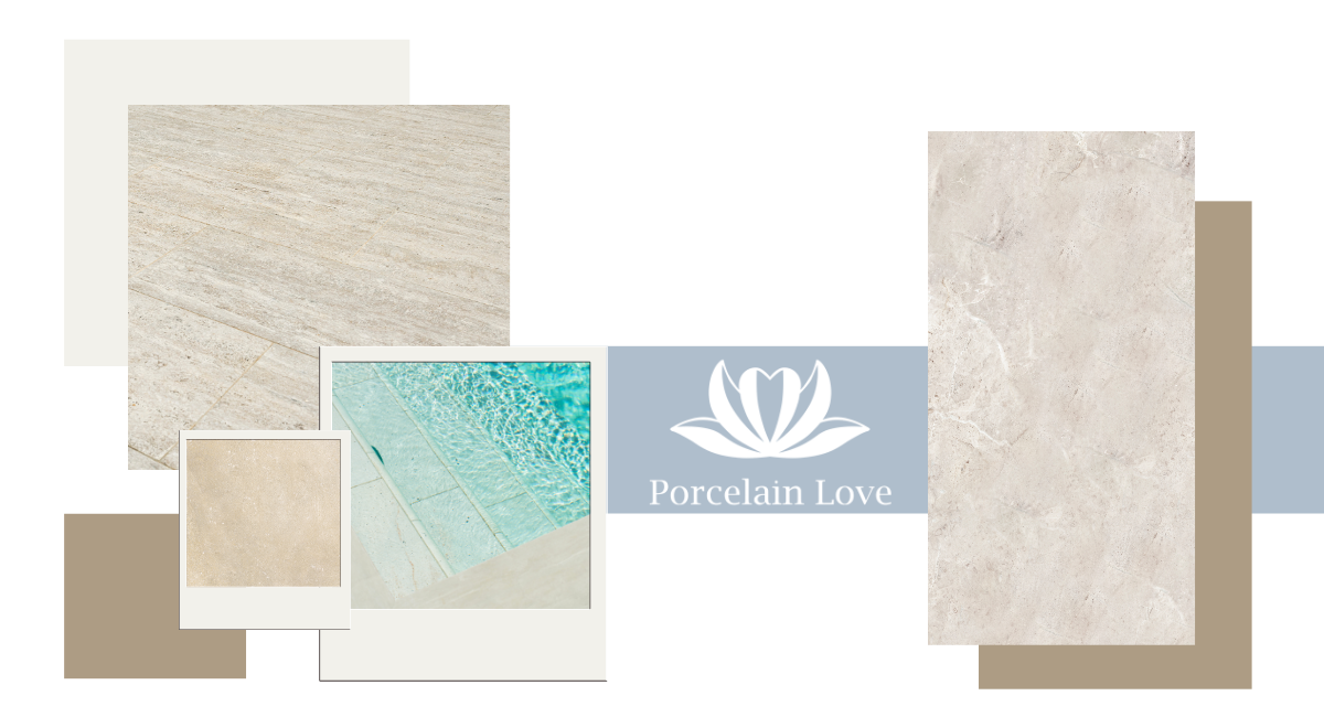 Azulejo porcelánico Serapool Porcelain Love en tonos claros con textura de piedra natural, aplicado en borde de piscina y diseño de superficie moderna.