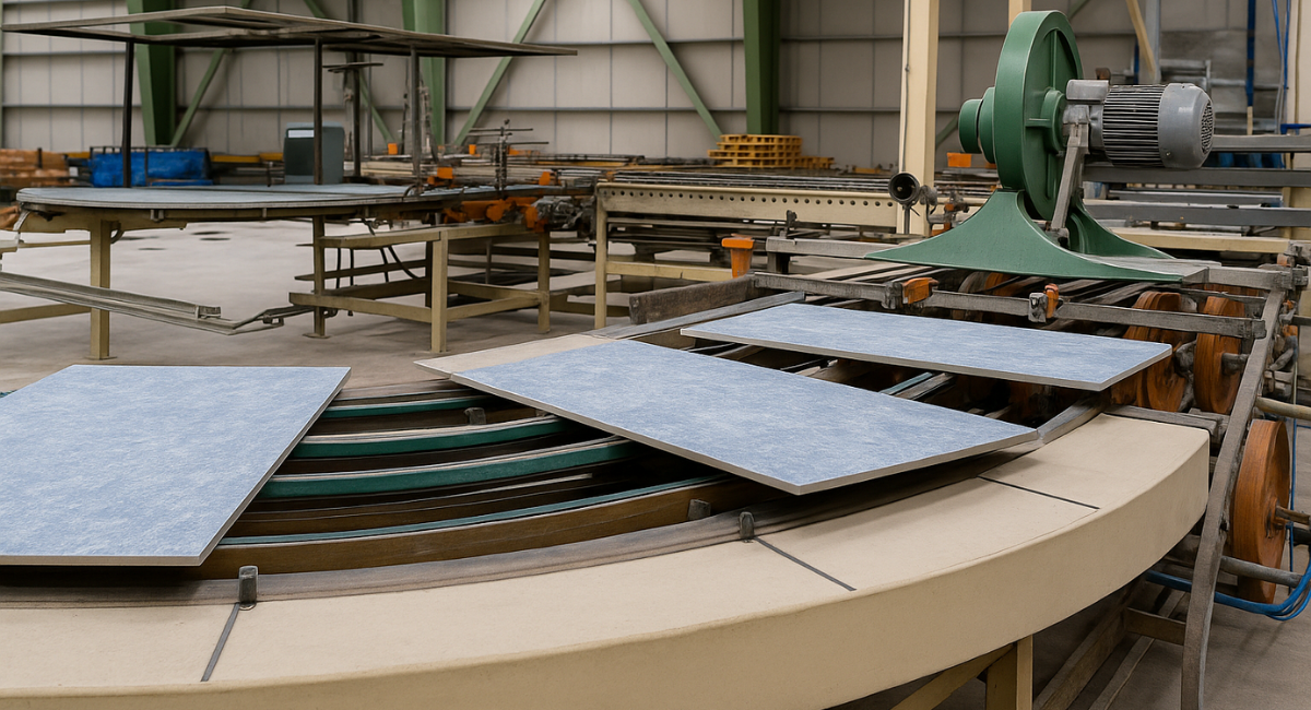 Placas de azulejos Serapool en tonos azules en la línea de producción de porcelánico, con proceso de corte industrial y acabado de superficie mediante tecnología moderna.