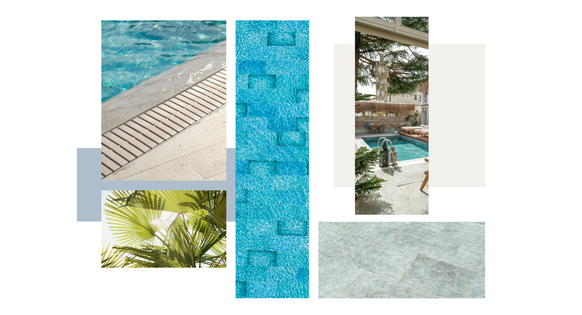 Área de piscina moderna rodeada de plantas tropicales, aplicaciones de azulejos porcelánicos Serapool; superficies antideslizantes en armonía con el agua y detalles de diseño estético de piscina.