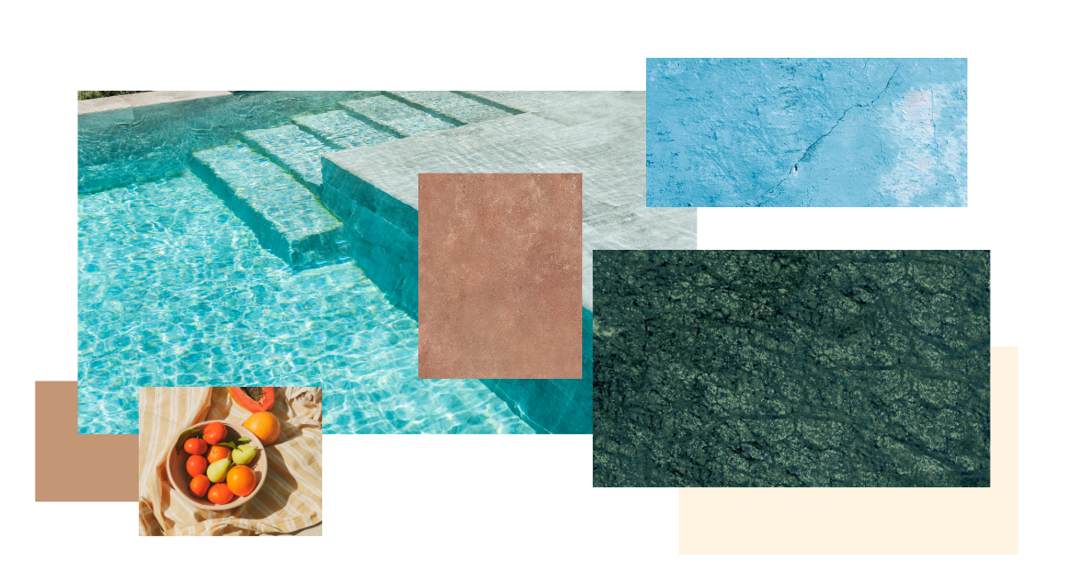 Aplicación de azulejos porcelánicos Serapool en diseño de piscina moderna, detalle de escalera bajo el agua y combinación estética armoniosa con colores de superficie texturizada natural.