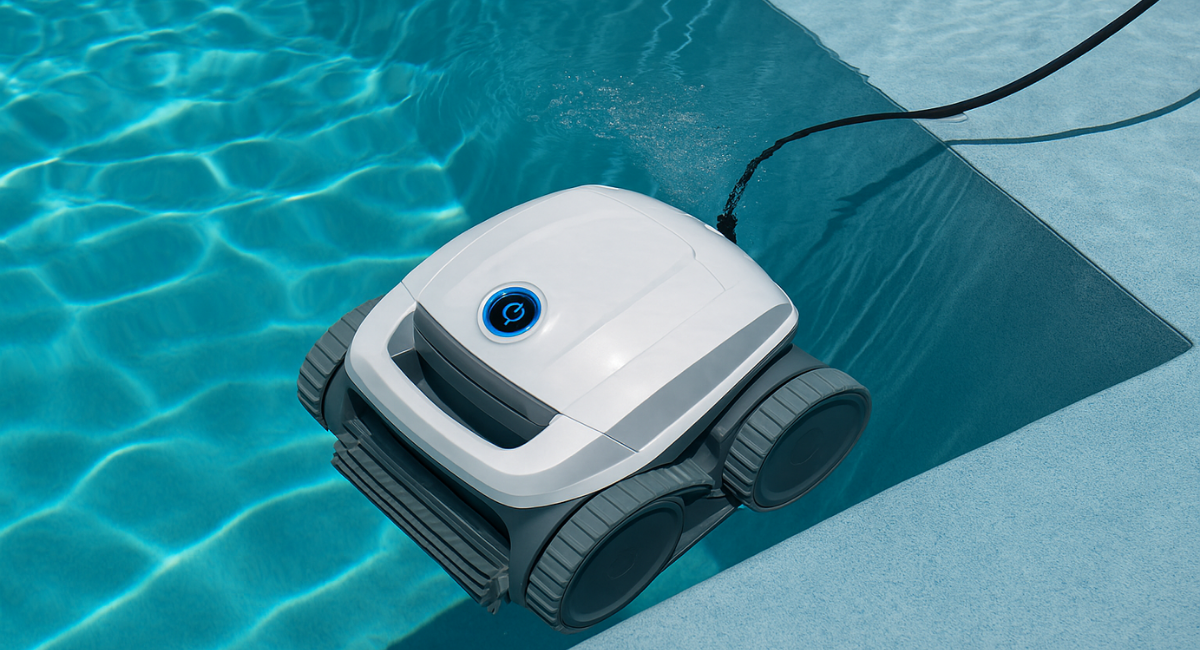 Elektrik kablosuyla bağlantılı havuz robot süpürgesi, su altında yüzey temizliği yaparken çalışır durumda görülüyor.