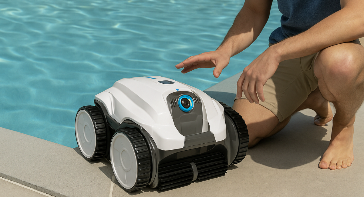 Havuz kenarında konumlandırılan robot süpürge, bir kişi tarafından çalıştırılmadan önce kontrol ediliyor.