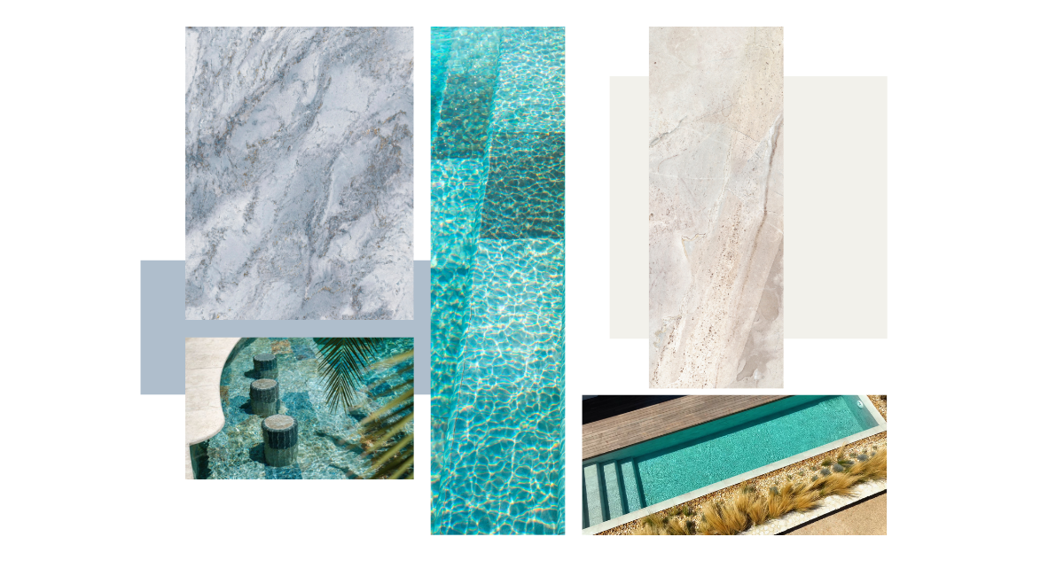 Áreas de piscina moderna diseñadas con azulejos porcelánicos Serapool con textura de piedra natural, detalles estéticos y superficies antideslizantes en armonía con el entorno acuático.