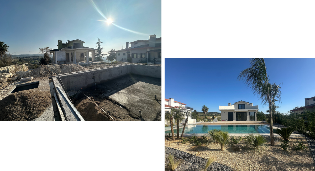 Villa bahçesinde yüzme havuzu inşaatı ve tamamlanmış hali. Serapool porselen ürünlerle yapılan havuz renovasyonu öncesi ve sonrası karşılaştırması.